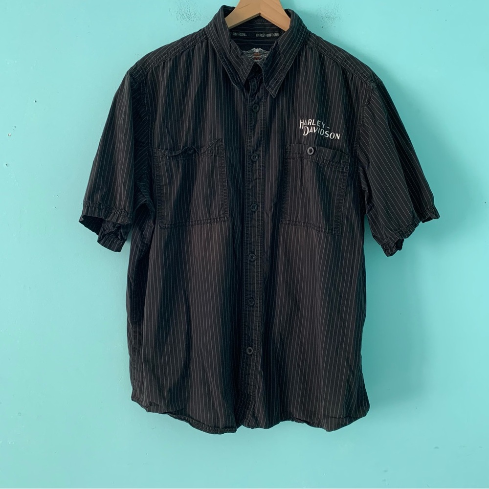 Harley-Davidson Black Striped Mechanics Garage Work Short Sleeve Shirt XL Biker